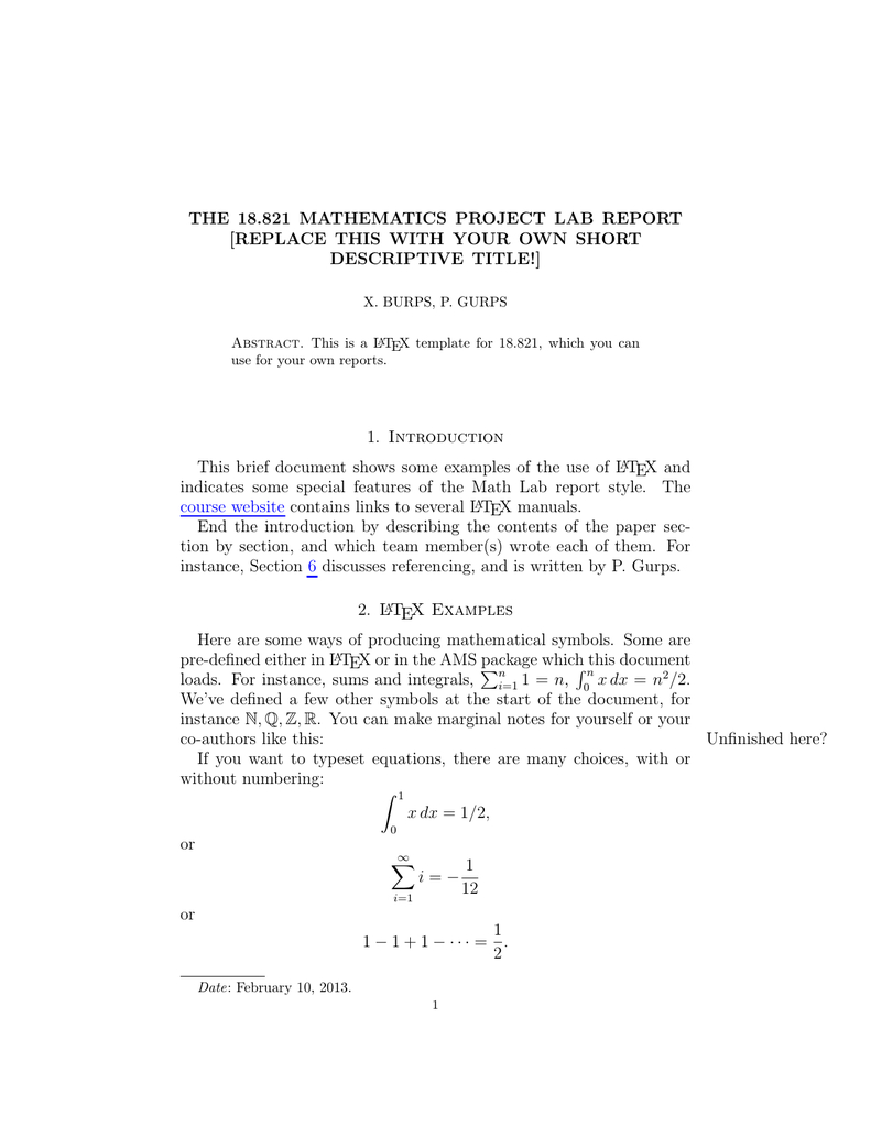 18.821 Mathematics Project Lab Report The [Replace Pertaining To Project Report Latex Template