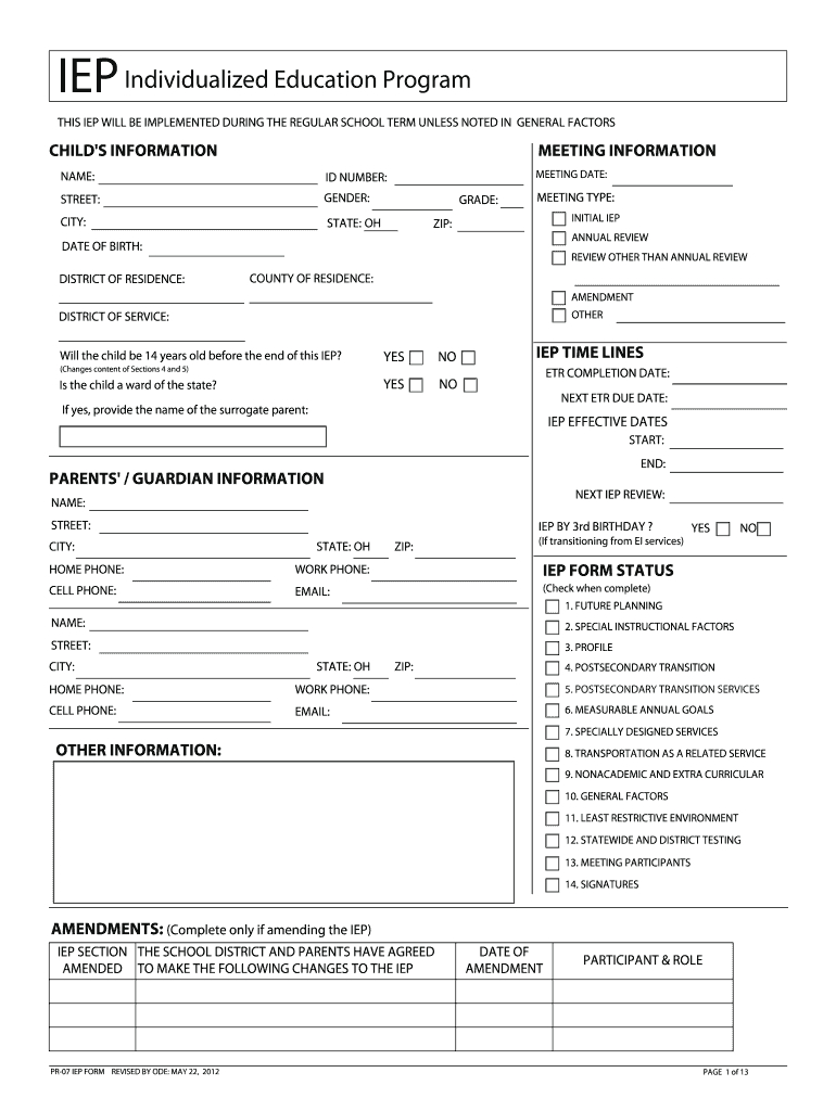 2012 2020 Form Oh Pr 07 Iep Fill Online, Printable, Fillable With Regard To Blank Iep Template