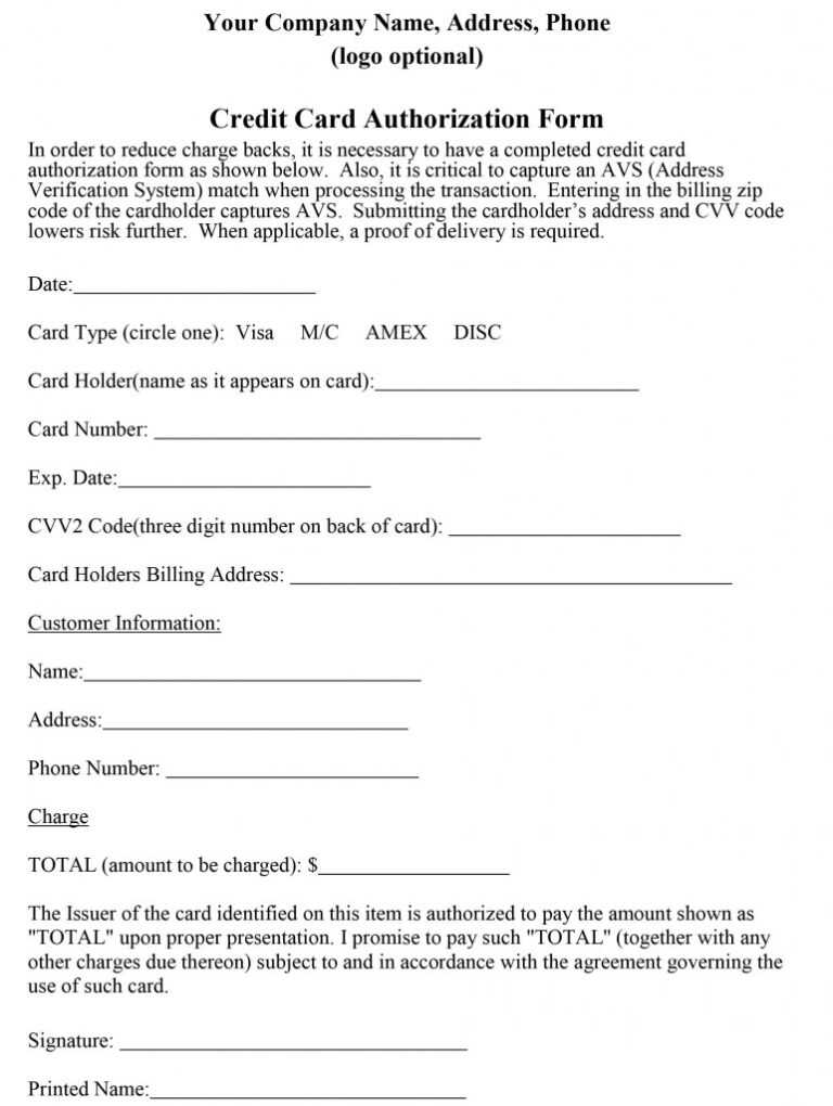 Credit Card Authorization Form Template Word