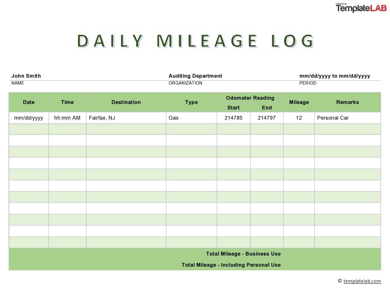31 Printable Mileage Log Templates (Free) ᐅ Templatelab With Regard To Gas Mileage Expense Report Template