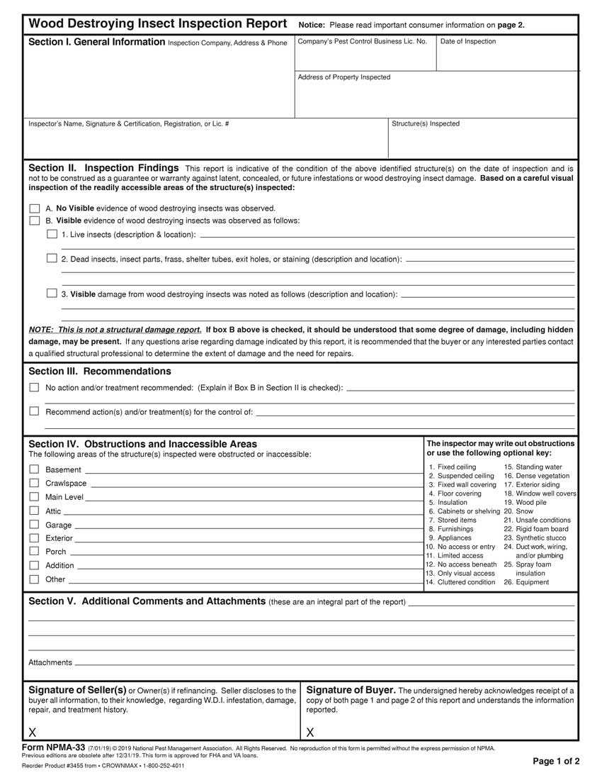3455 – Npma 33 Wdi Reports – 4 Pt For Pest Control Inspection Report Template