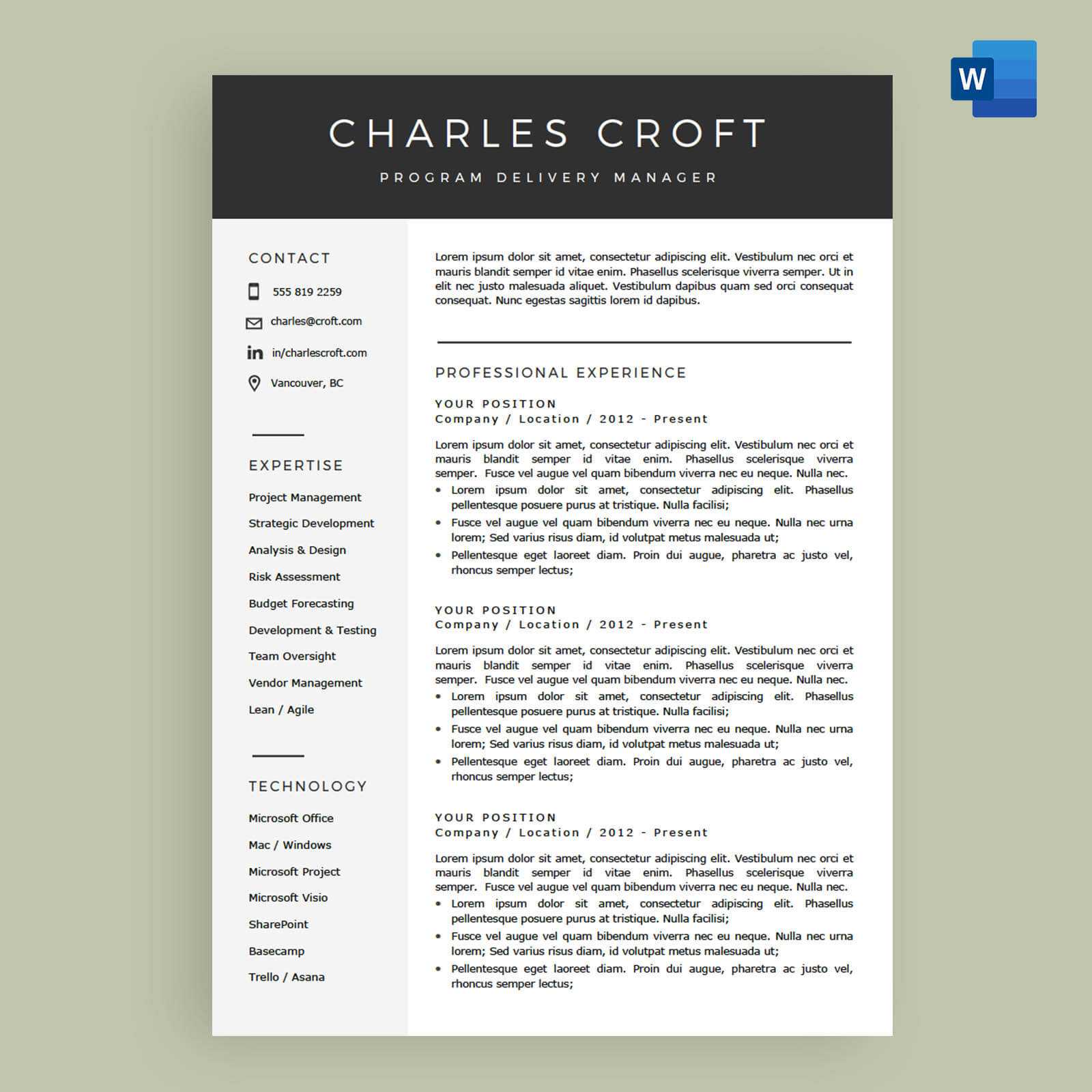 4 Page Resume / Cv Template Package For Microsoft™ Word - The 'charlie' Inside Microsoft Word Resumes Templates