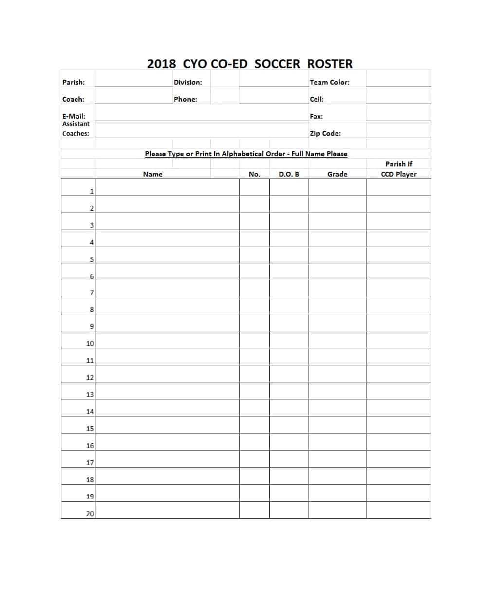 49 Printable Soccer Roster Templates (Soccer Lineup Sheets) ᐅ Pertaining To Blank Football Depth Chart Template