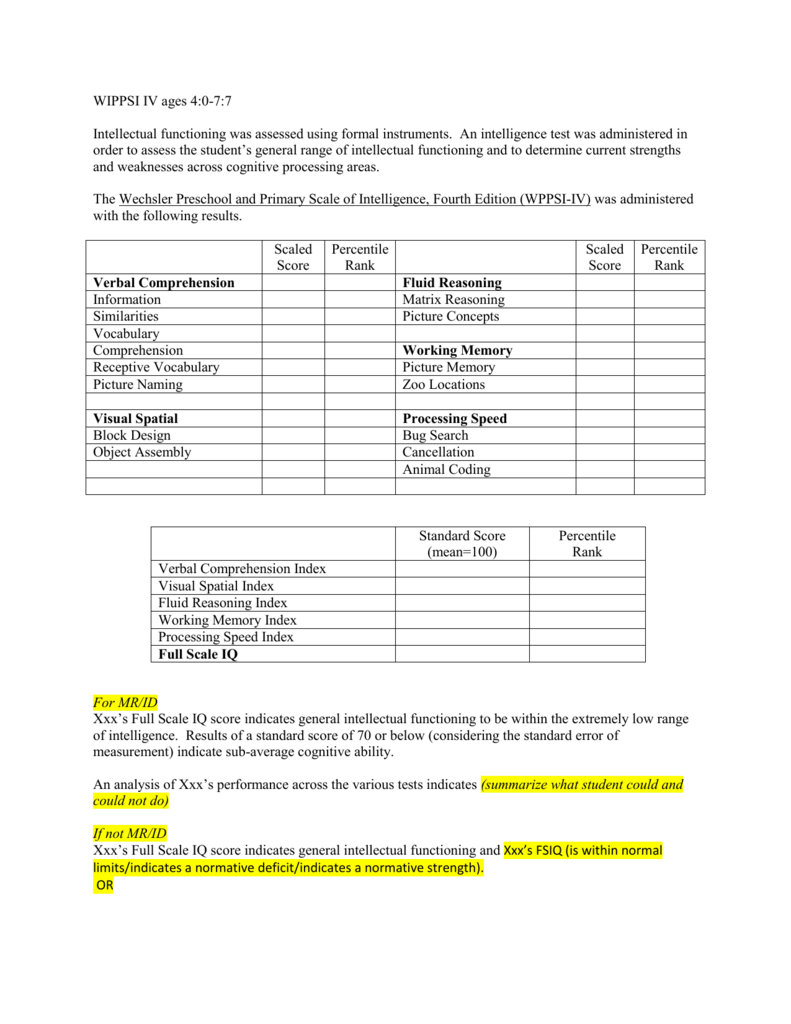 8 Cognitive Template Wppsi Iv Ages 4 0 7 7 Regarding Wppsi Iv Report Template