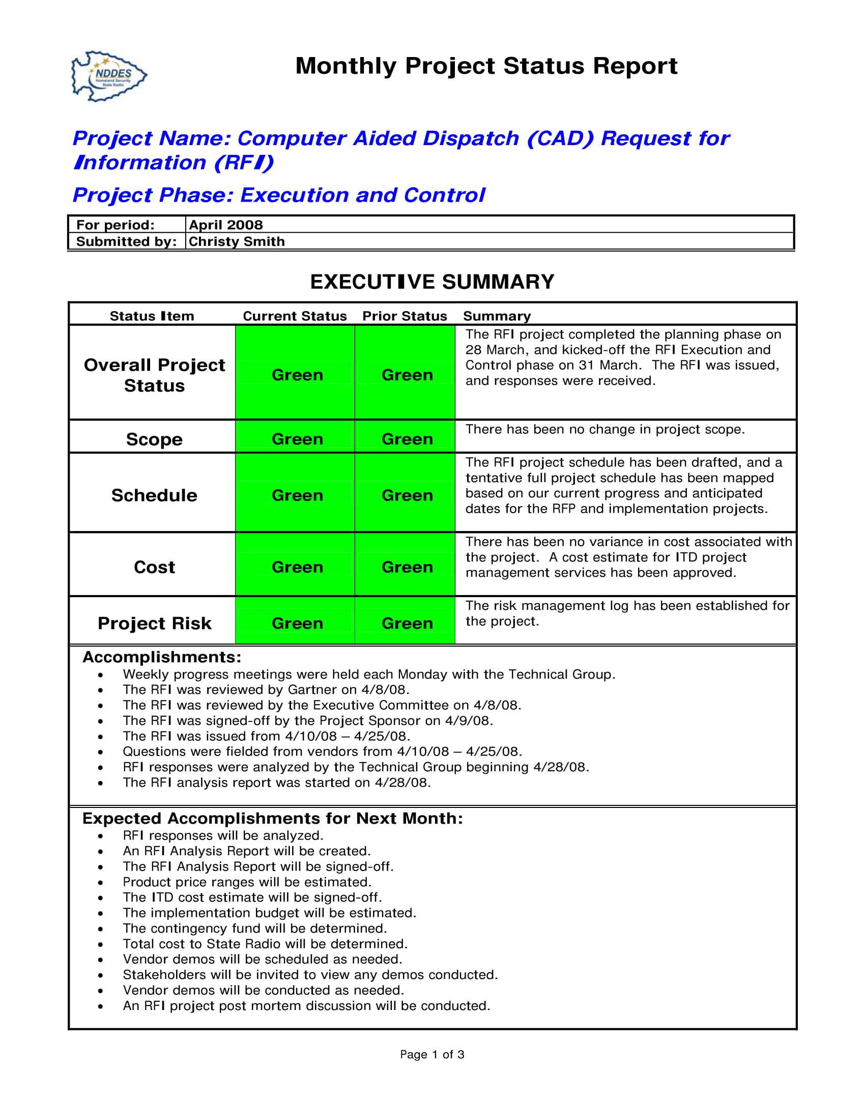 9+ Status Report Examples – Doc, Pdf | Examples Within Project Monthly Status Report Template