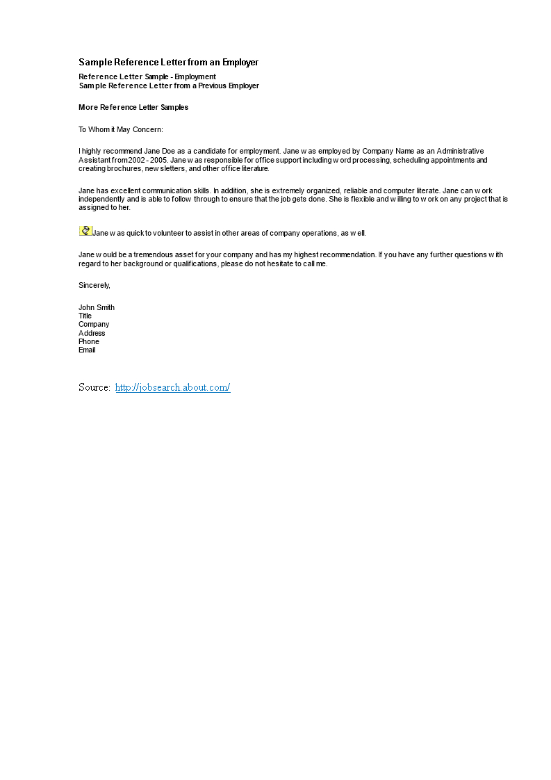 Administrative Assistant Reference Letter From An Employer Intended For Business Reference Template Word