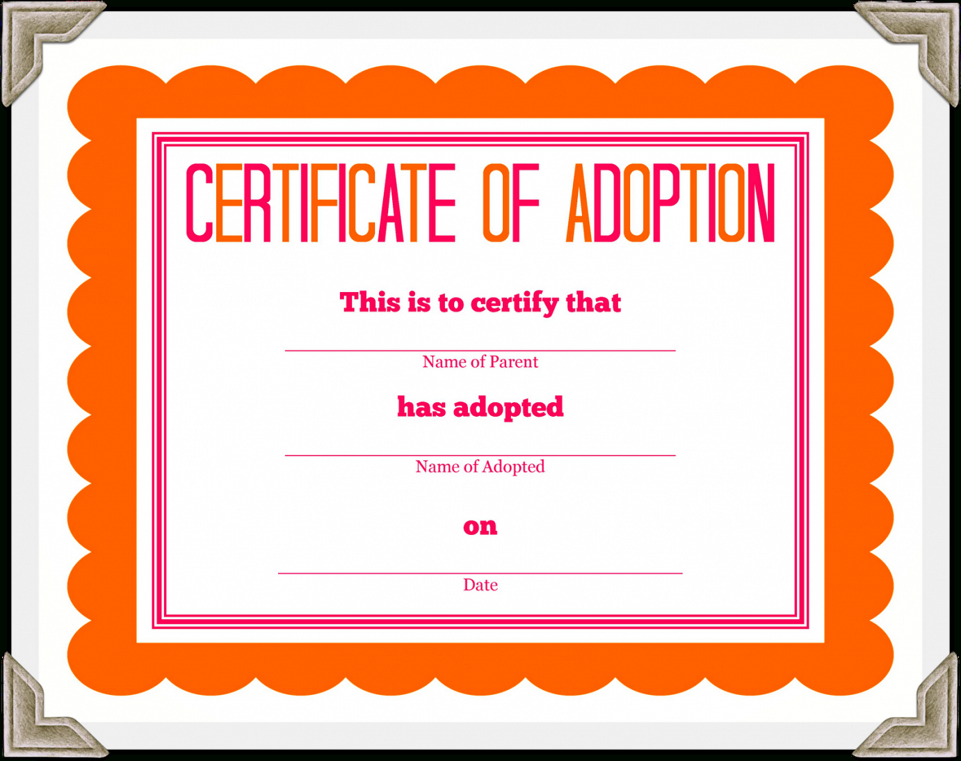 Adoption Certificate Template – Certificate Templates In Blank Adoption Certificate Template