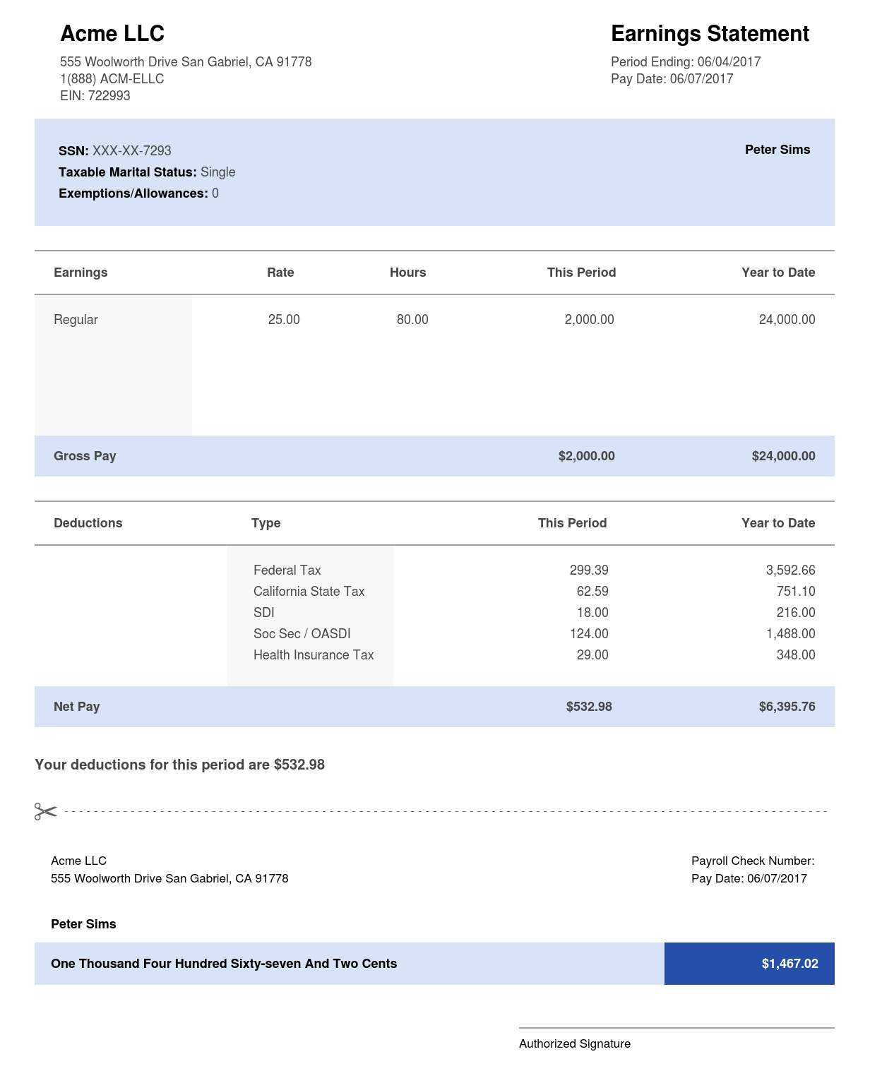 Adp Paystub Sample Template – Blue | Thepaystubs Within Blank Pay Stubs Template