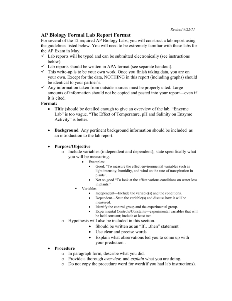 Ap Biology Formal Lab Report Format For Formal Lab Report Template