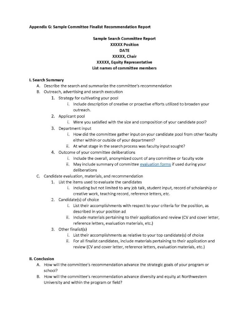 Appendix G: Sample Committee Finalist Recommendation Report For Medical Legal Report Template