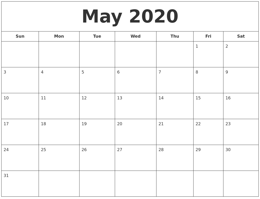 April 2020 Calendar, May 2020 Printable Calendar Within Full Page Blank Calendar Template