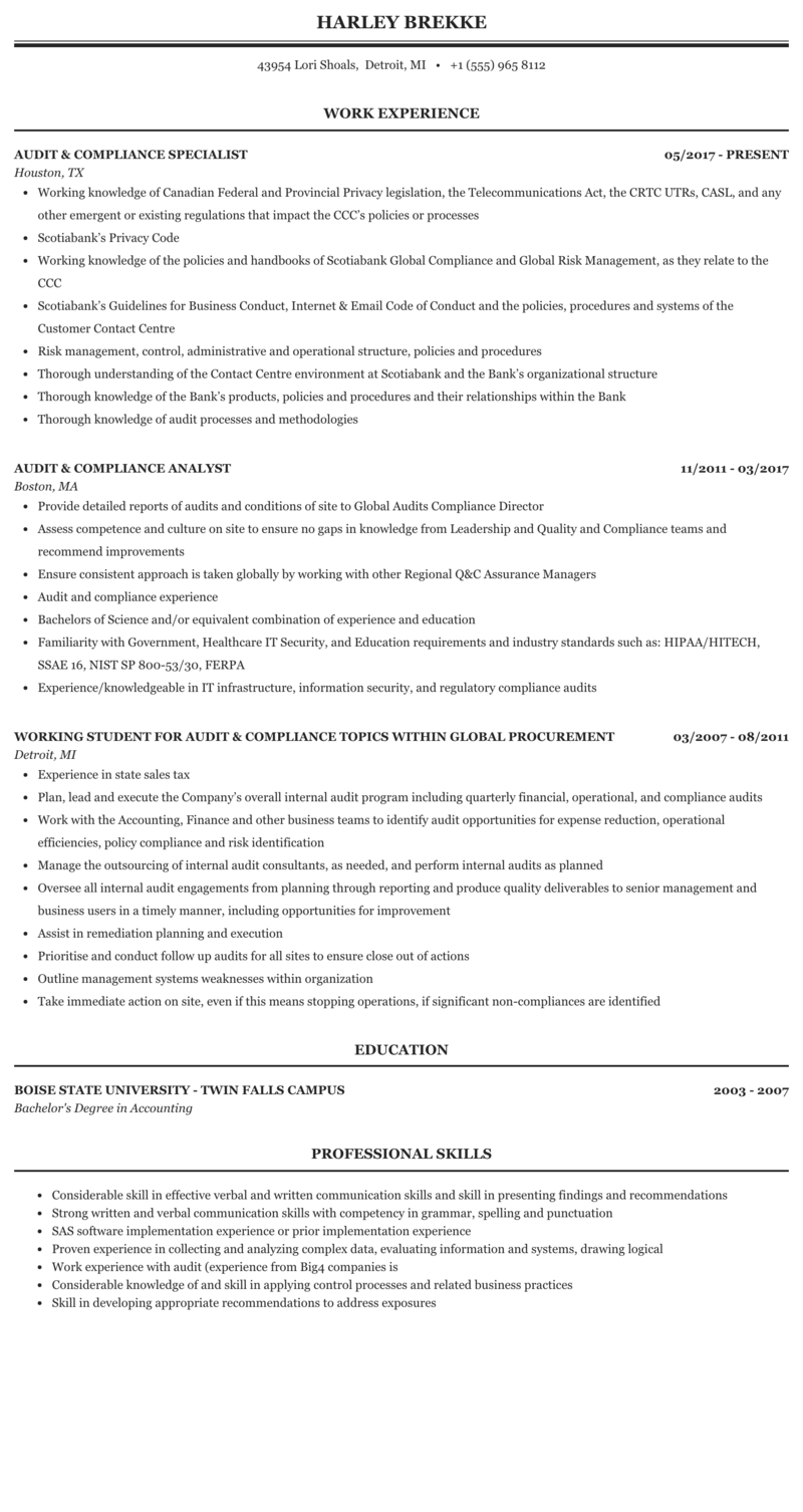 Audit Compliance Resume Sample | Mintresume In Ssae 16 Report Template