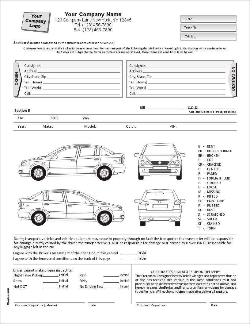 Auto Condition Report Form With Terms On Back, Item #7563 In Truck Condition Report Template
