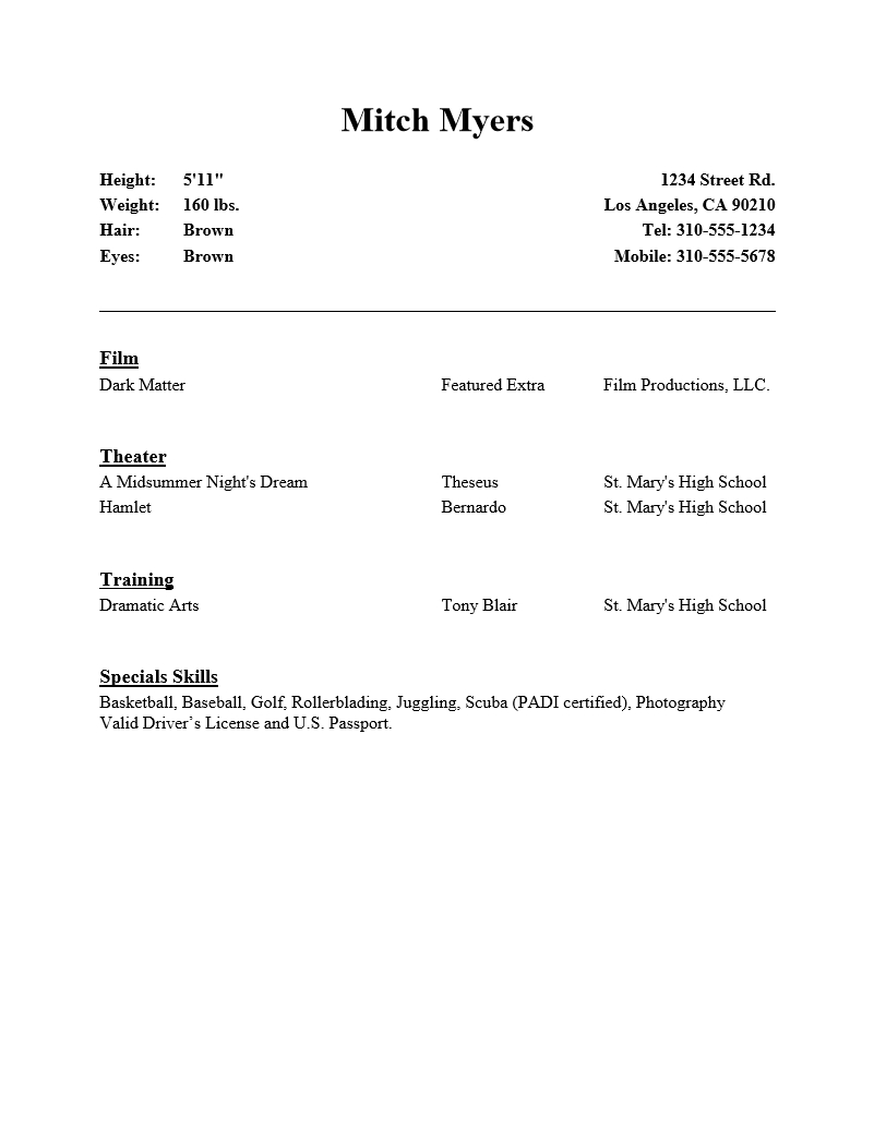 Beginner Acting Resume : Resume Templates Pertaining To Theatrical Resume Template Word