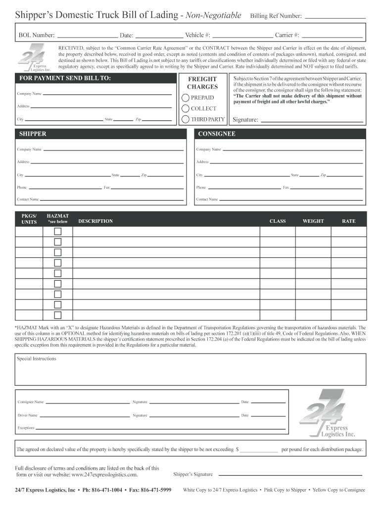 Bill Of Lading Form – Fill Online, Printable, Fillable Intended For Blank Bol Template