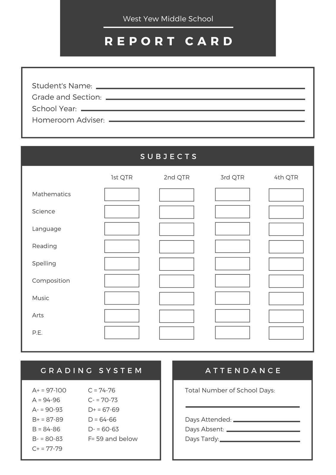 Black White Middle School Report Card – Templatescanva Pertaining To Middle School Report Card Template