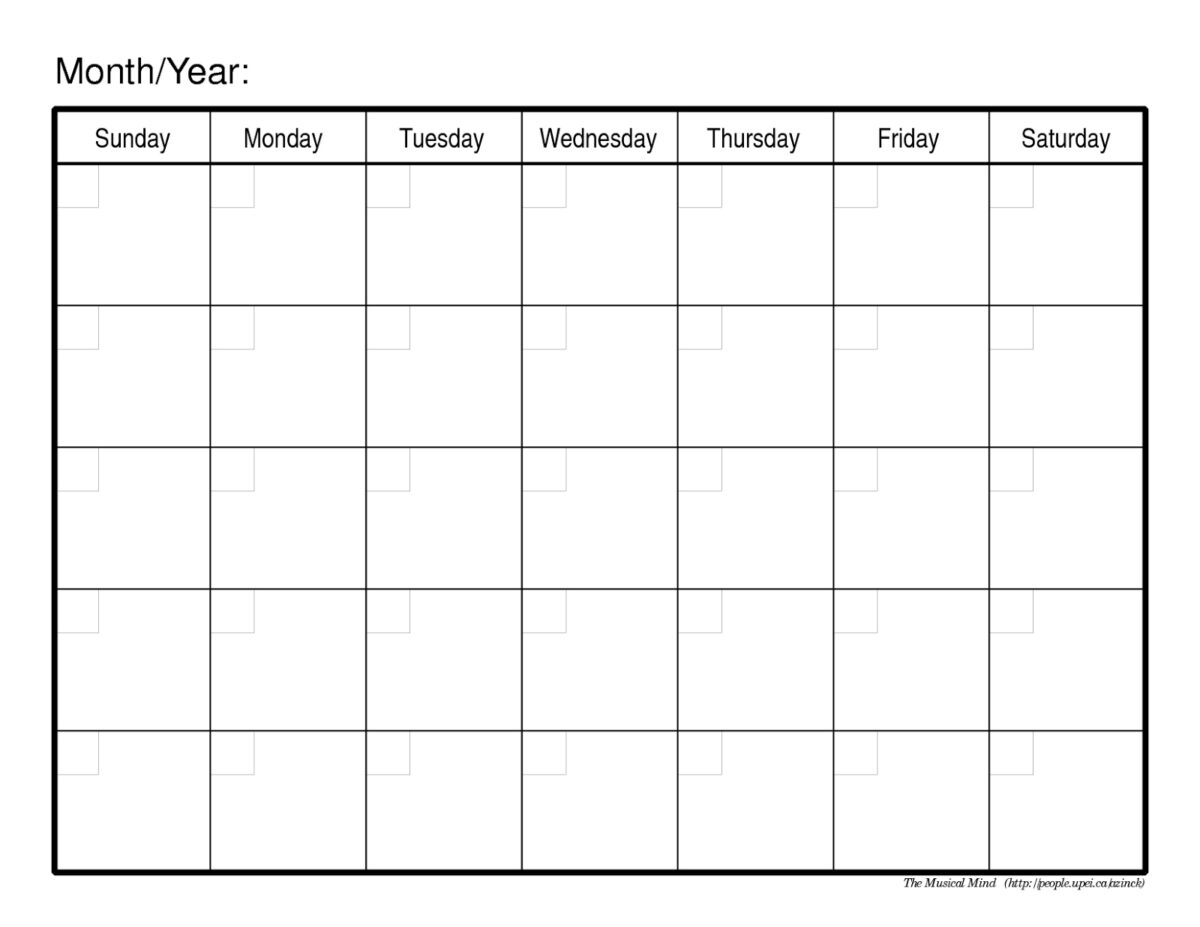 Blank One Month Calendar Template Sample Design Templates