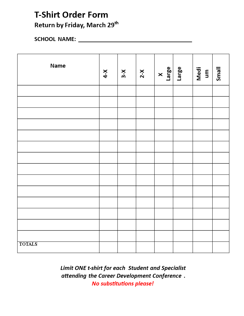 Blank T Shirt Order Form Template