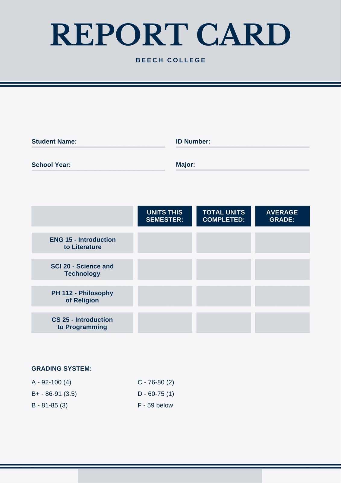 Blue And Gray Simple College Report Card – Templatescanva Within College Report Card Template