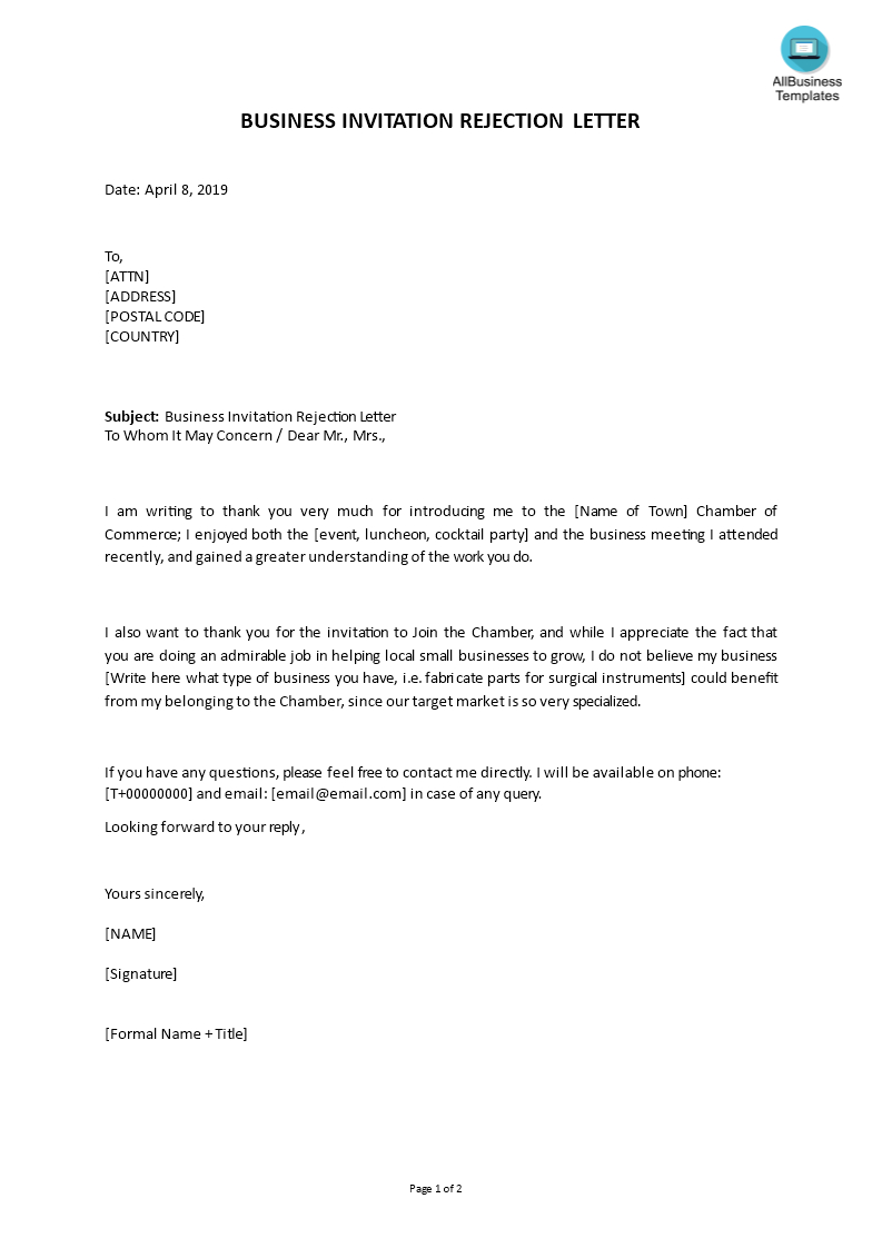 Business Invitation Rejection Letter In Word | Templates At Pertaining To Microsoft Word Business Letter Template