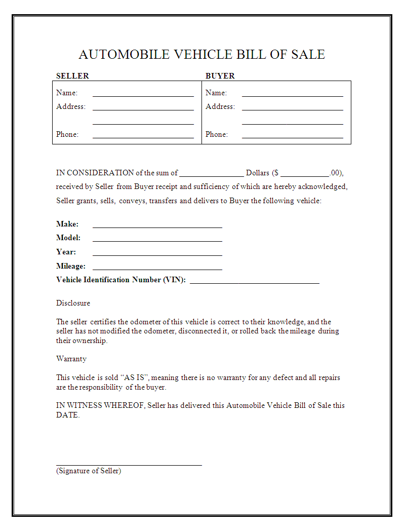 Car Sales Form Template – Papele.alimentacionsegura Throughout Vehicle Bill Of Sale Template Word