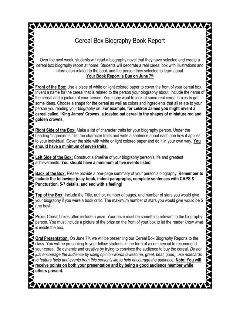 Cereal Box Biography Book Report In Cereal Box Book Report Template