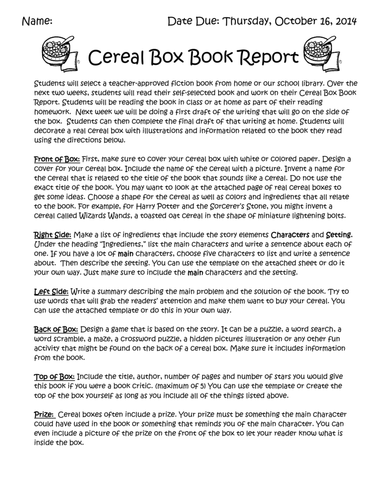 Cereal Box Book Report For Cereal Box Book Report Template