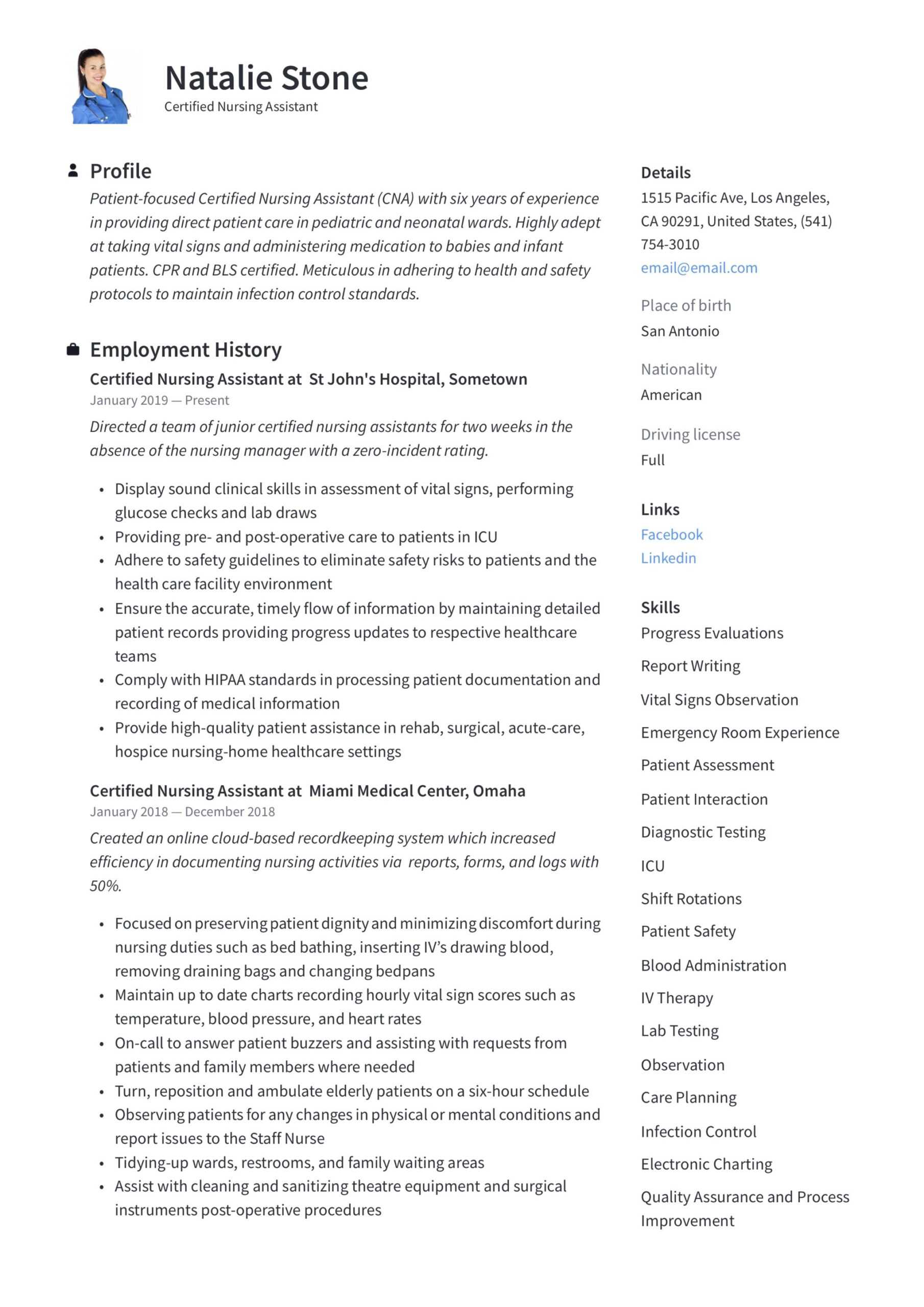 Certified Nursing Assistant Resume & Writing Guide | 12 Regarding Nursing Assistant Report Sheet Templates
