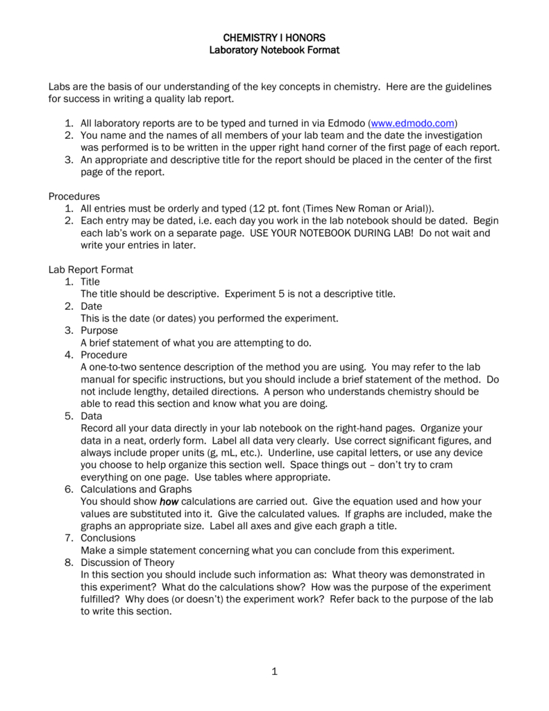 Chemistry I Honors Lab Report Format For Chemistry Lab Report Template