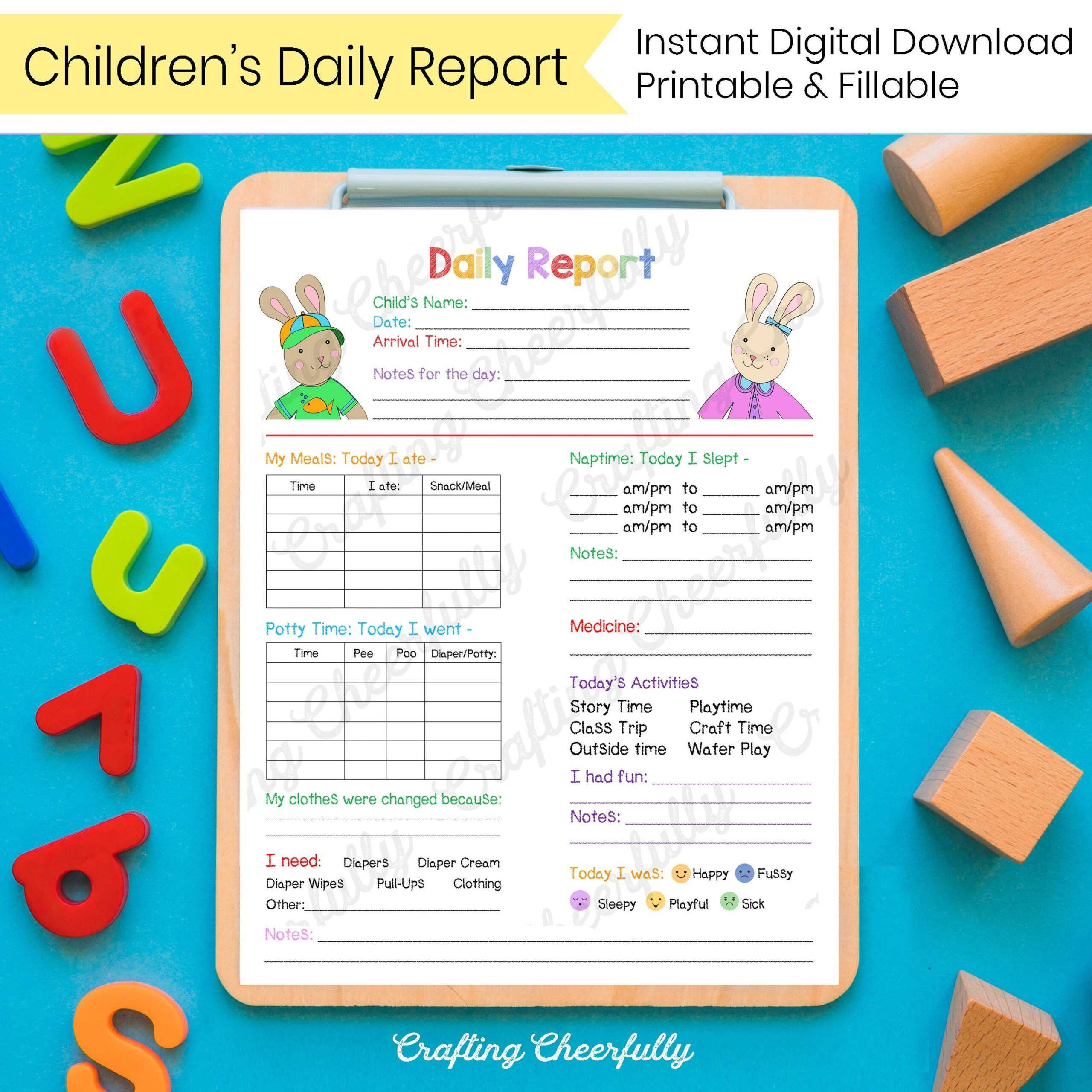 Children's Daily Report – Toddler & Older Kids – In Home In Daycare Infant Daily Report Template