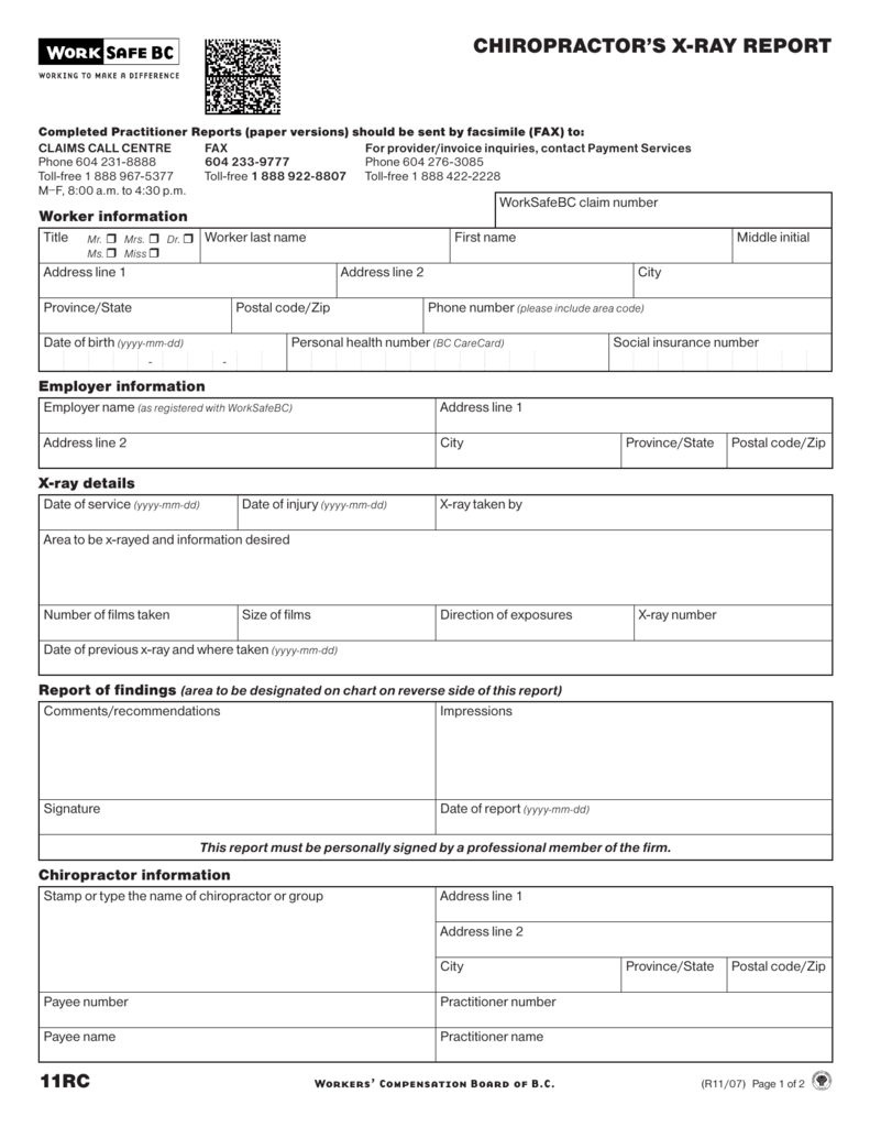 Chiropractor's X Ray Report (Form 11Rc) Within Chiropractic X Ray Report Template