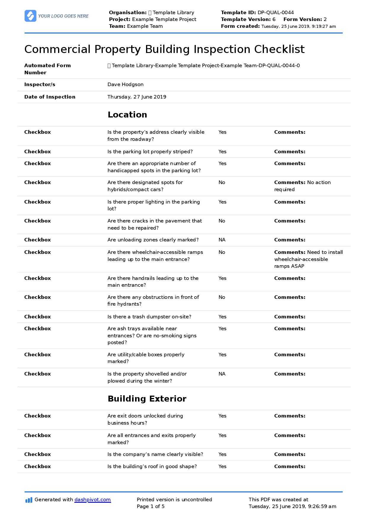 Commercial Property Inspection Checklist Template (Use It Pertaining To Property Management Inspection Report Template
