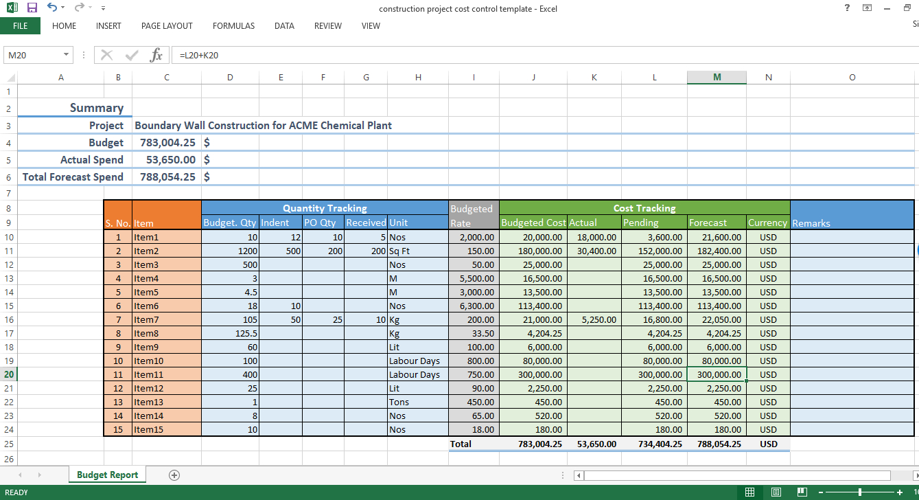 Construction Project Cost Control – Excel Template – Workpack For Construction Cost Report Template