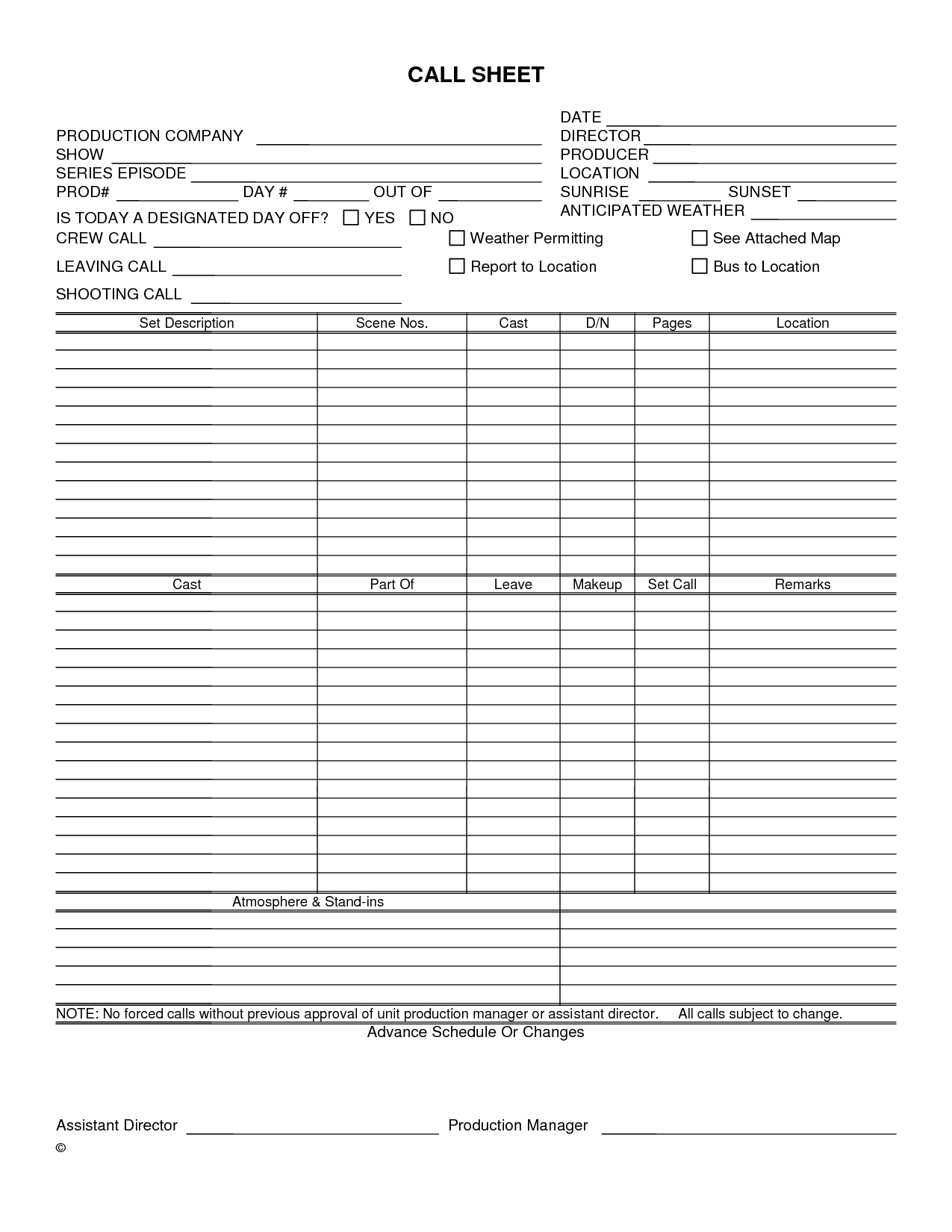 Creative Free Film Production Call Sheet Template Design For Blank Call Sheet Template