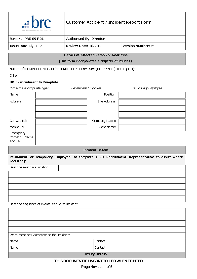 Customer Accident Incident Report | Templates At In Customer Incident Report Form Template