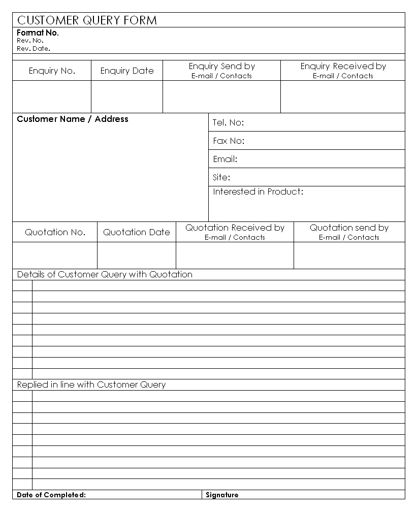 Customer Query Form Format within Enquiry Form Template