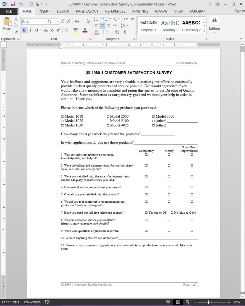 Customer Satisfaction Survey Template | Sl1080 1 Throughout Employee Satisfaction Survey Template Word