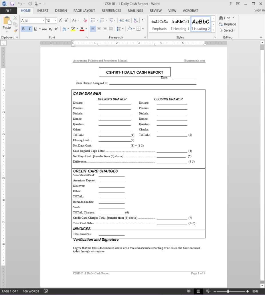 Daily Cash Report Template | Csh101 1 Regarding End Of Day Cash Register Report Template