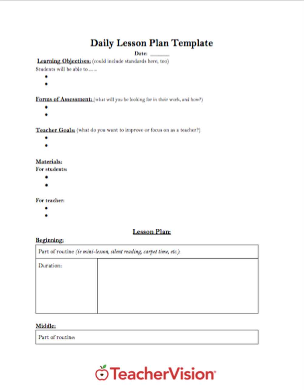 Daily Lesson Plan Template – Teachervision Inside Daily Behavior Report Template