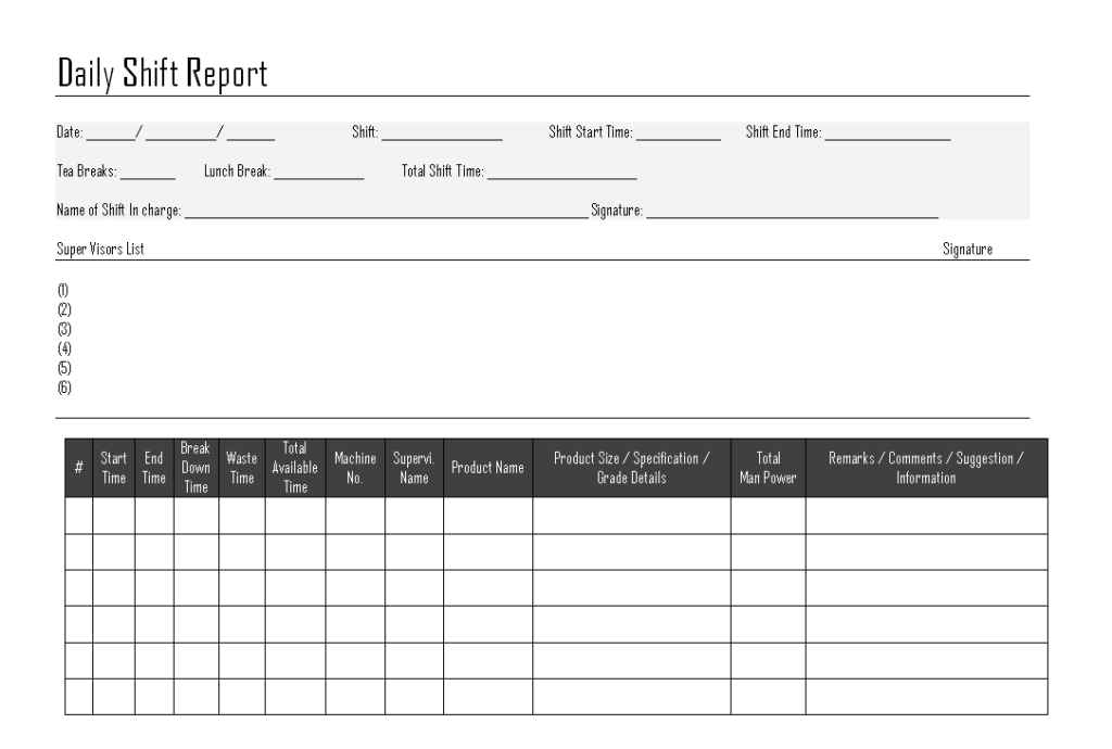 Shift Report Template Sample Design Templates