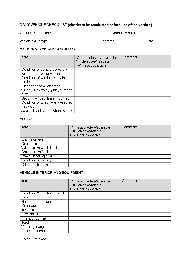 Daily Vehicle Checklist Word | Templates At For Vehicle Checklist Template Word