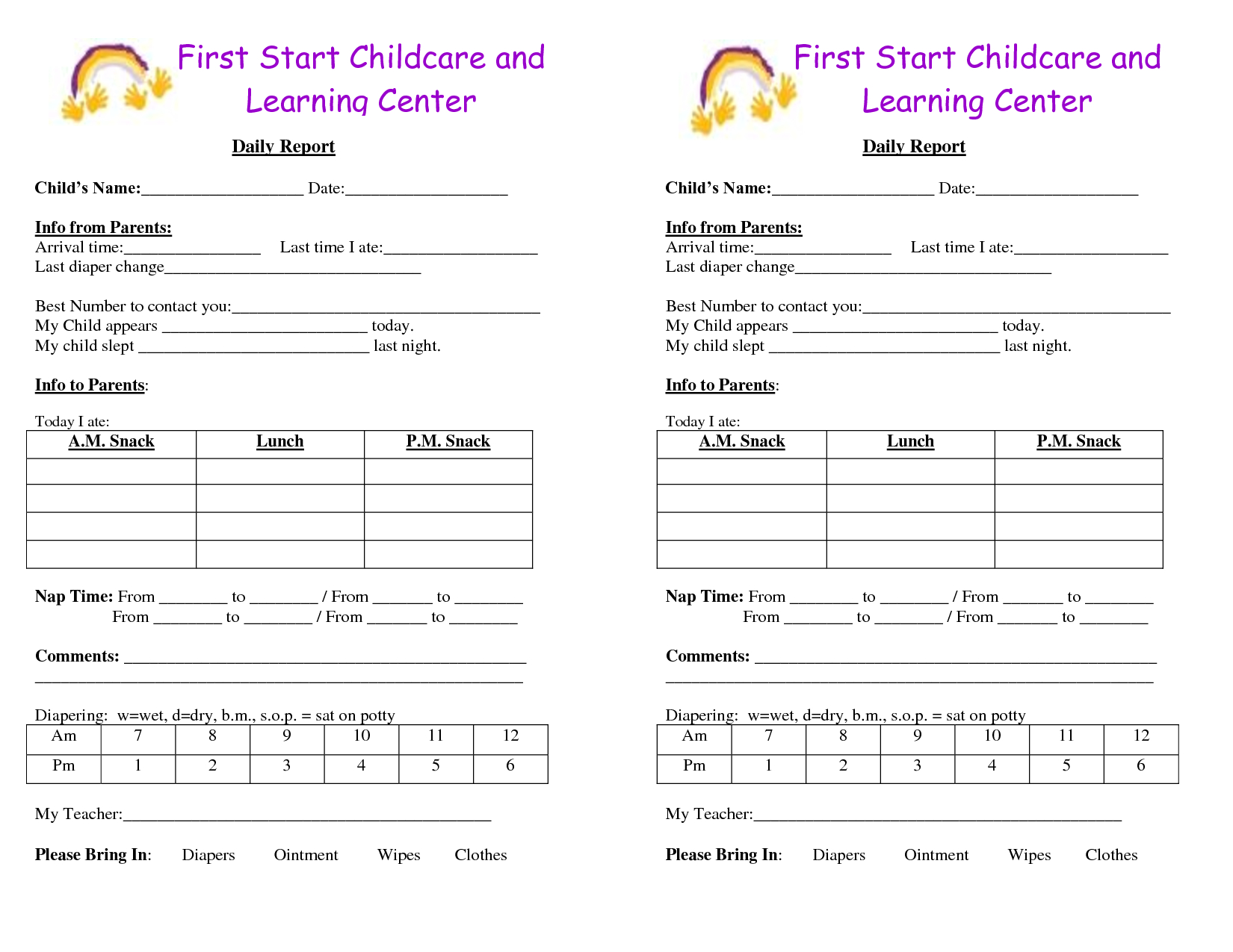 Daycare Infant Daily Report Template And Baby Log Forms Regarding Daycare Infant Daily Report Template