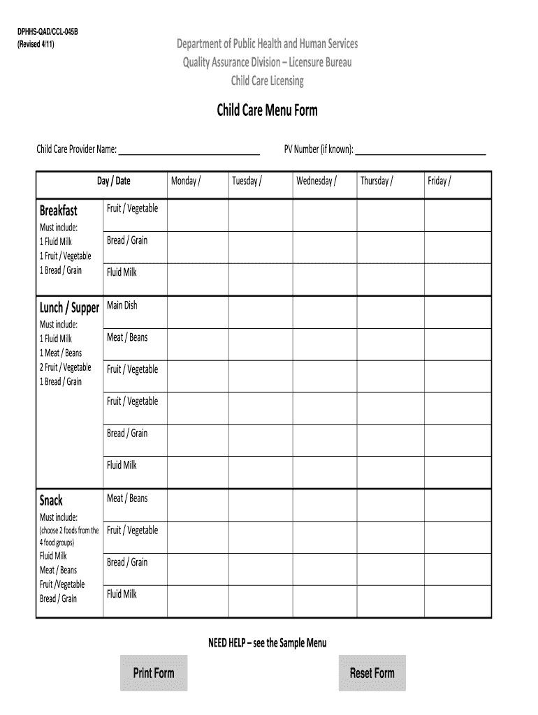 Daycare Menu Template – Fill Online, Printable, Fillable Intended For Daycare Infant Daily Report Template