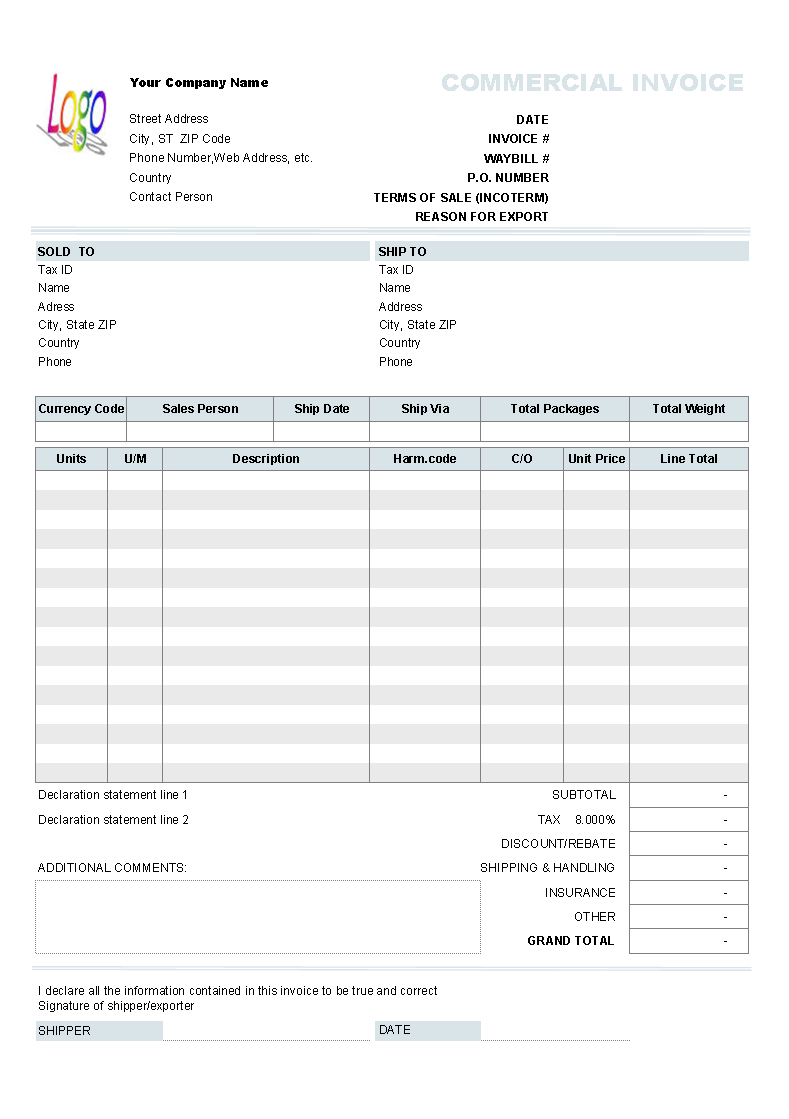 Doc Commercial Invoice Template Fee Download Pdf Regarding Commercial Invoice Template Word Doc
