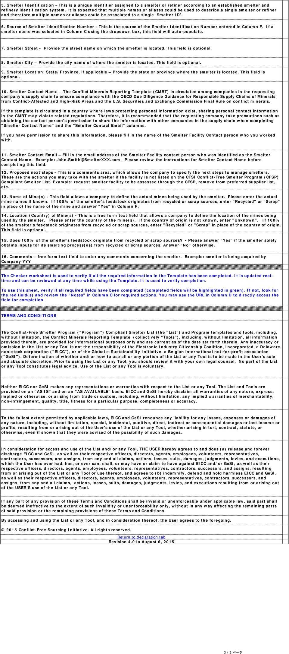 Document Title Conflict Minerals Reporting Template Sheet. 1 Intended For Eicc Conflict Minerals Reporting Template