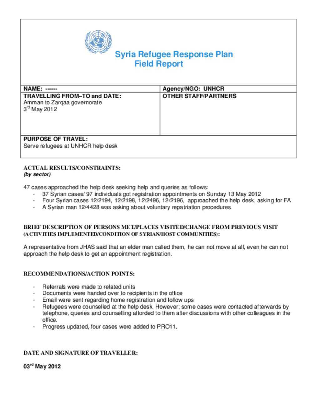 Document – Unhcr Field Report: Zarqa With Field Report Template