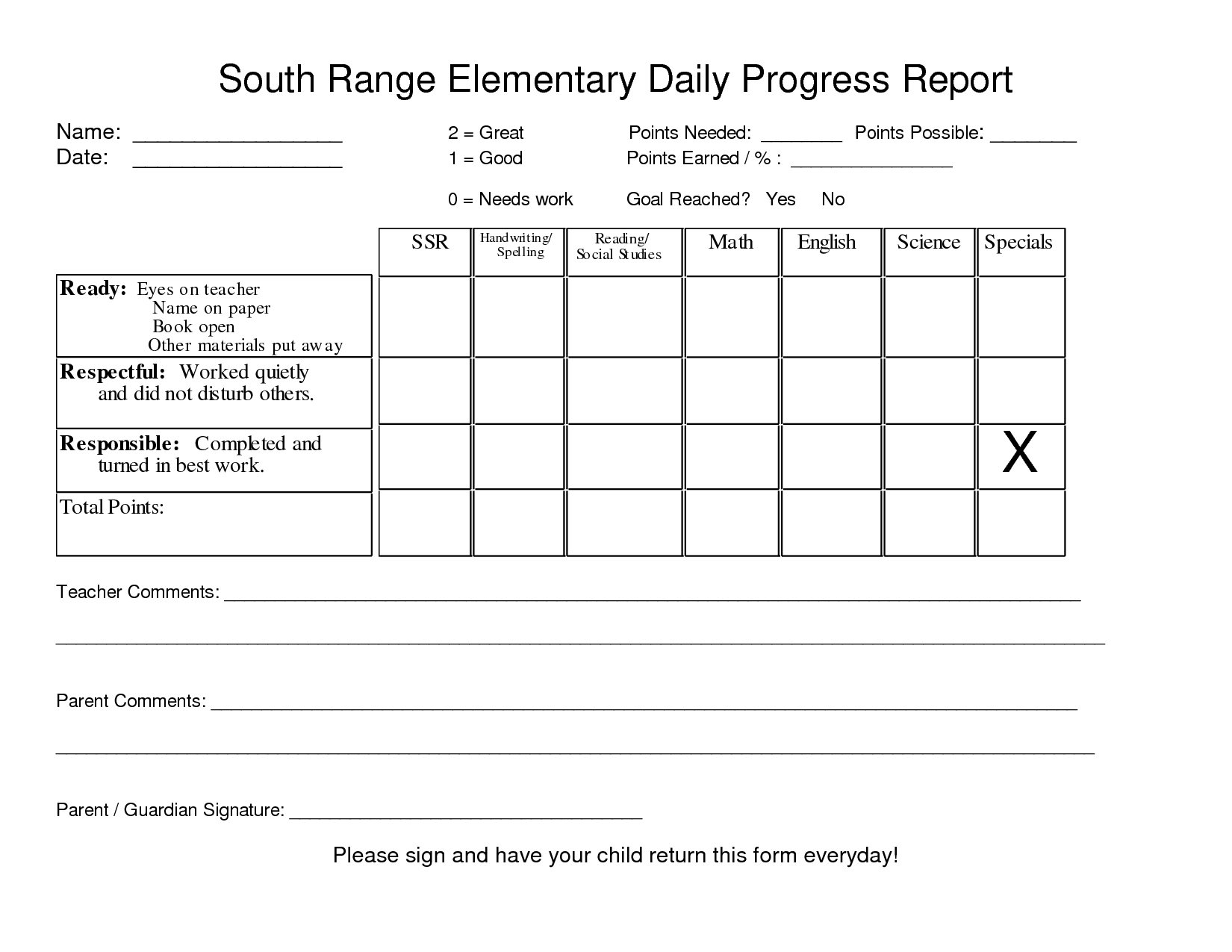 Downloadable Elementary School Daily Progress Report With Student Progress Report Template