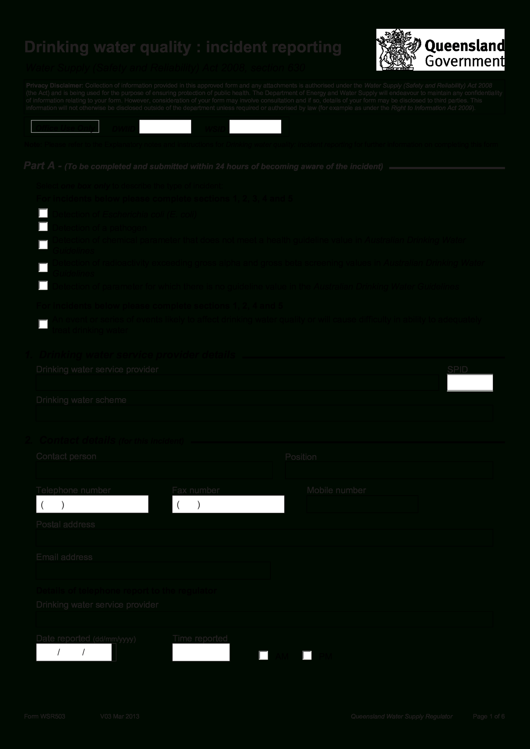 Drinking Water Quality Incident Report | Templates At Regarding Reliability Report Template