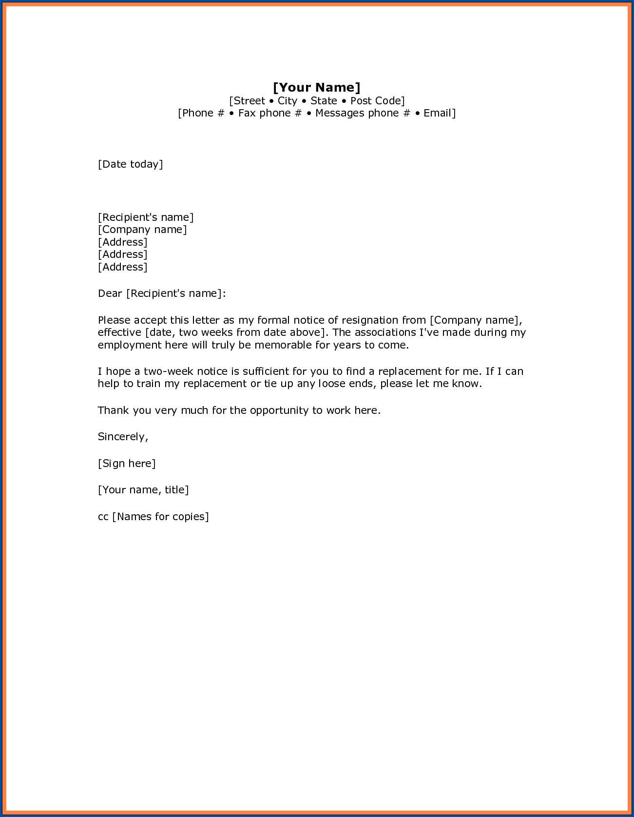 √ Free Printable Resignation Letter Two Weeks Notice Regarding 2 Weeks Notice Template Word