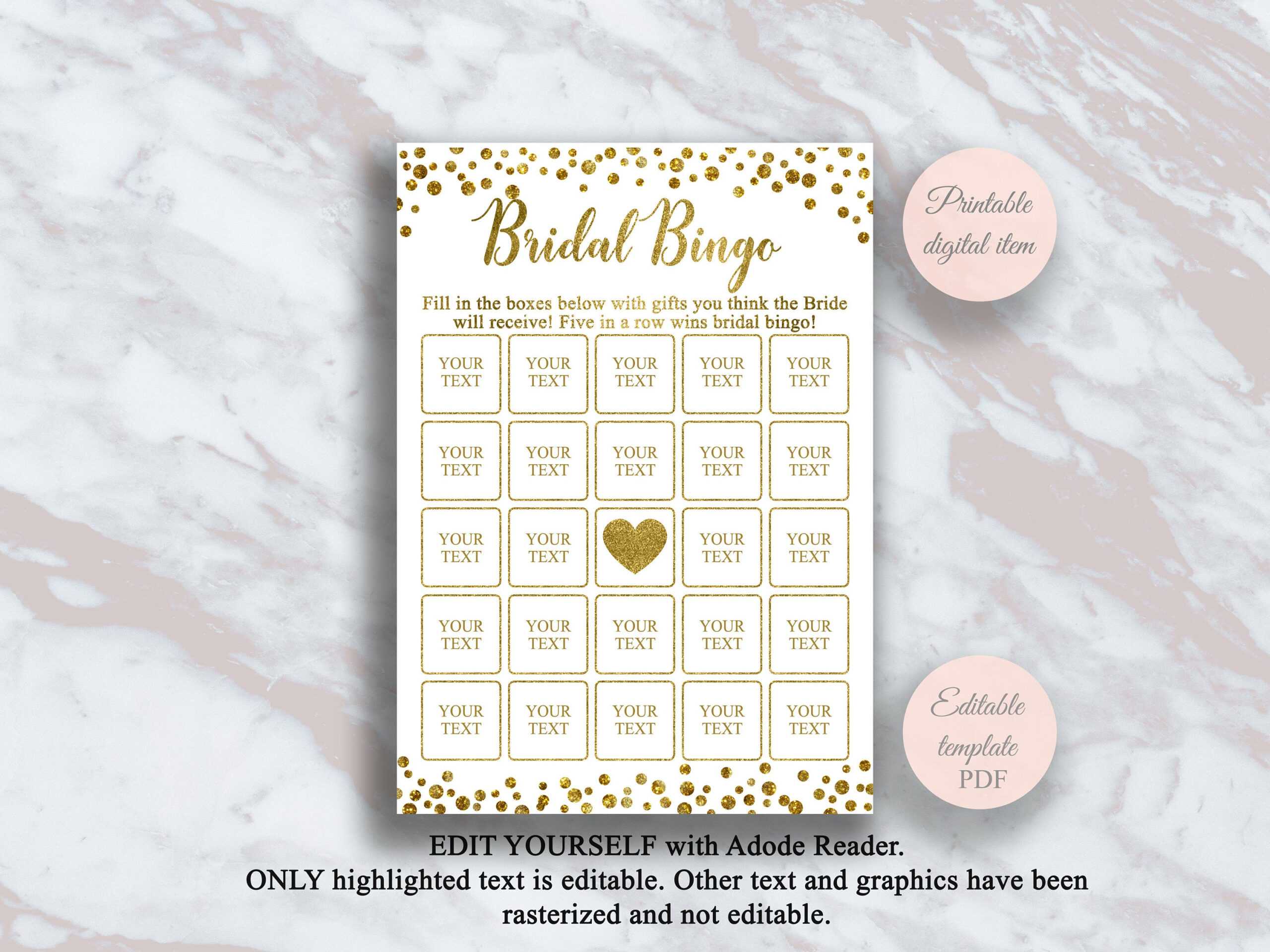 Editable Bridal Shower Bingo Cards Template, Gold Bridal Bingo, Bridal  Shower Games, Bridal Shower Ideas, Blank Bingo, Shower Activity, S2Br Within Blank Bridal Shower Bingo Template